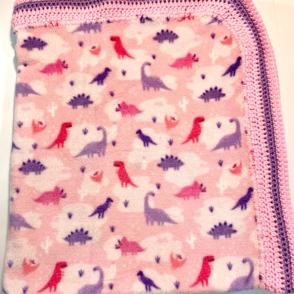Pink Dinosaur Ceratops Crochet Baby Blanket 3 Piece Gift Set - Picture 4 of 9